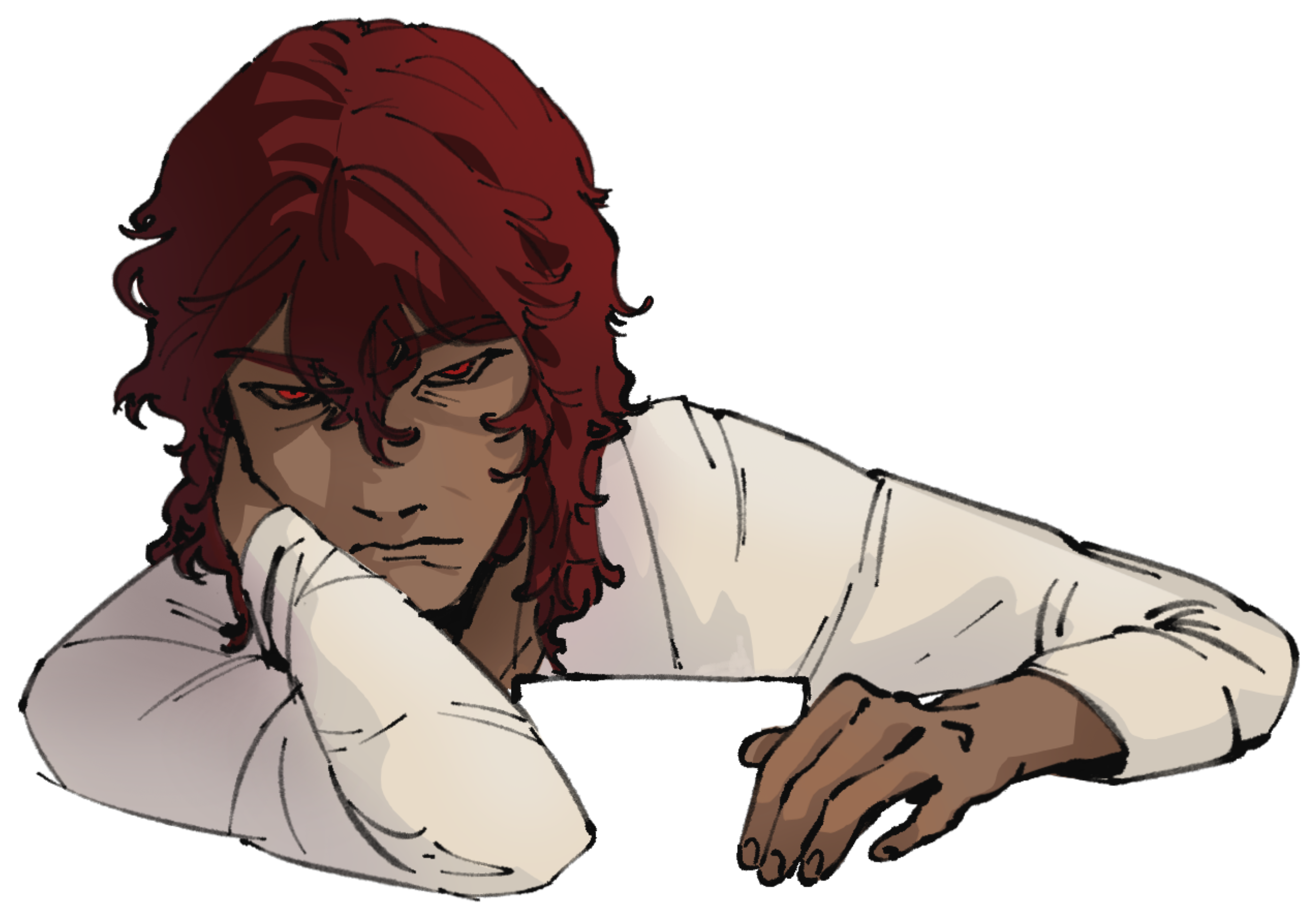 A drawing of Cassandar leaning on one arm, the other resting as though over top of something. He looks a bit unhappy as usual.
