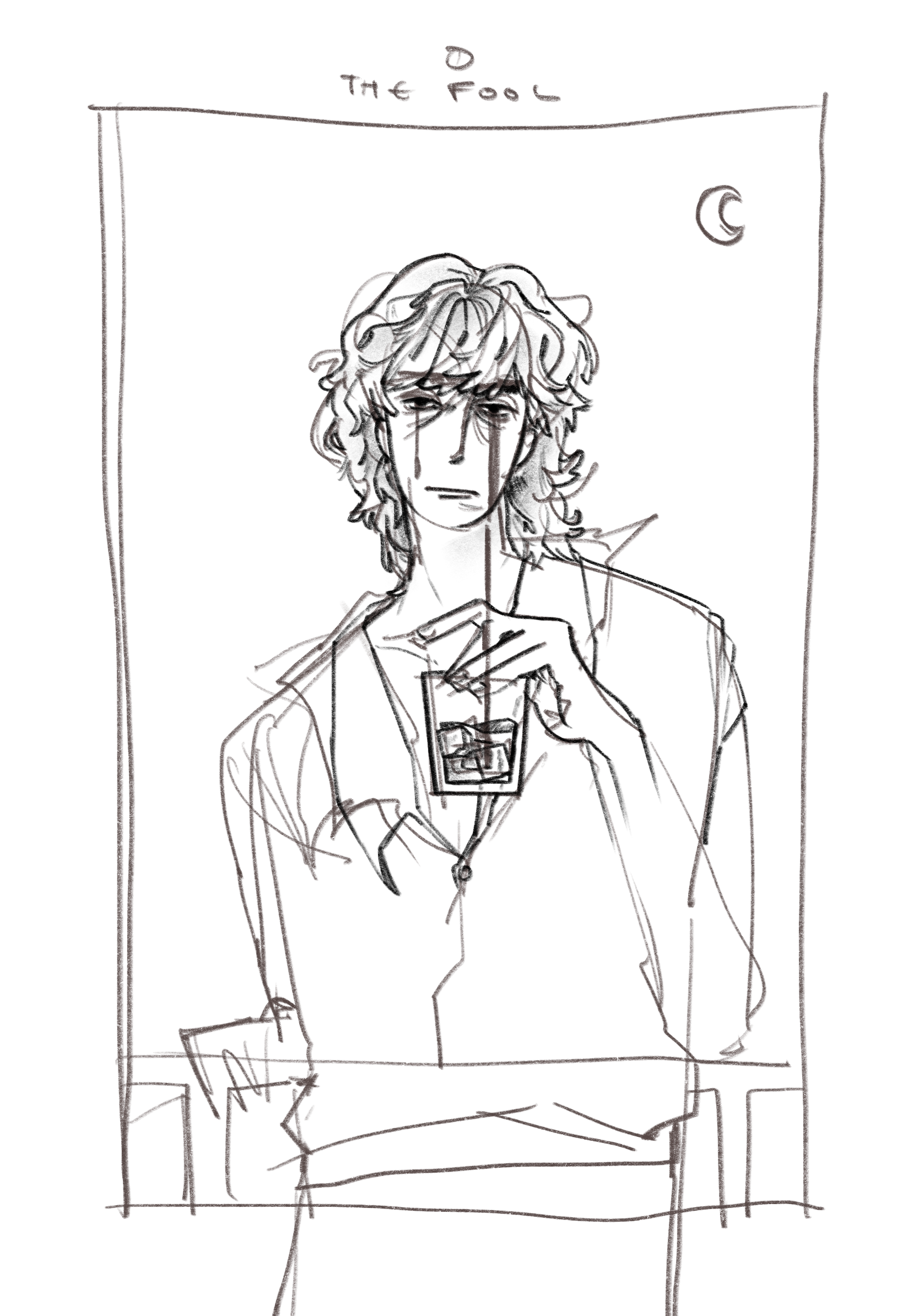 A pathetic sketch of Cassandar holding a drink a little bit gayly, tears running down his face looking more disheveled than usual.