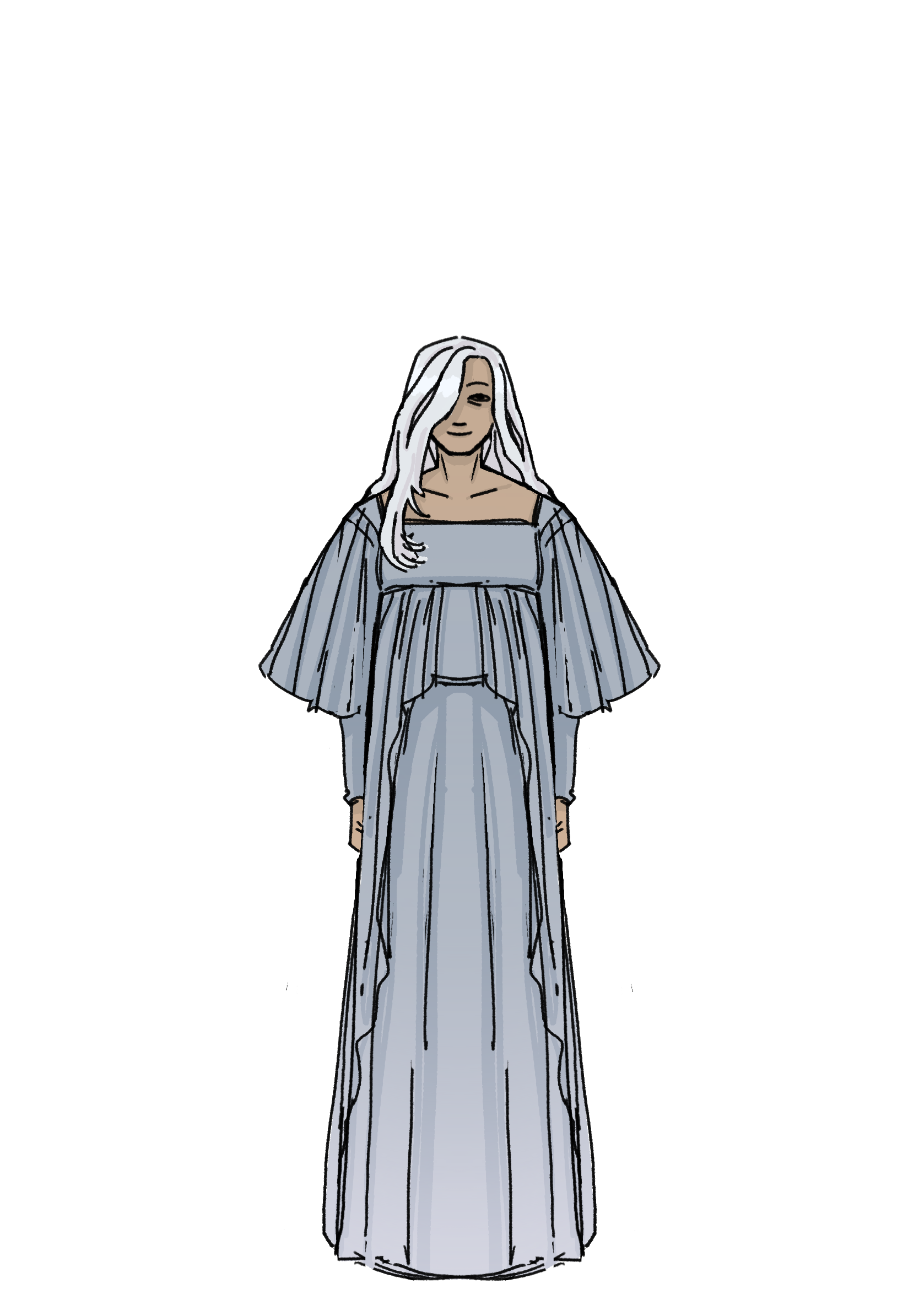 a drawing of a girl, ghostly and white haired, in a blue dress standing upright.