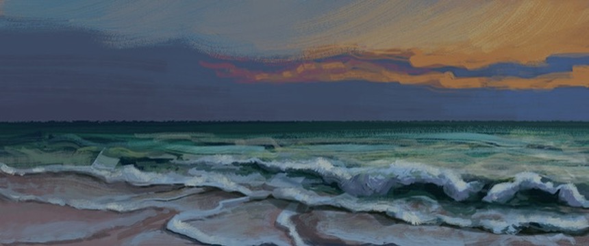 a drawing of the ocean waves hitting the shore at sunset.