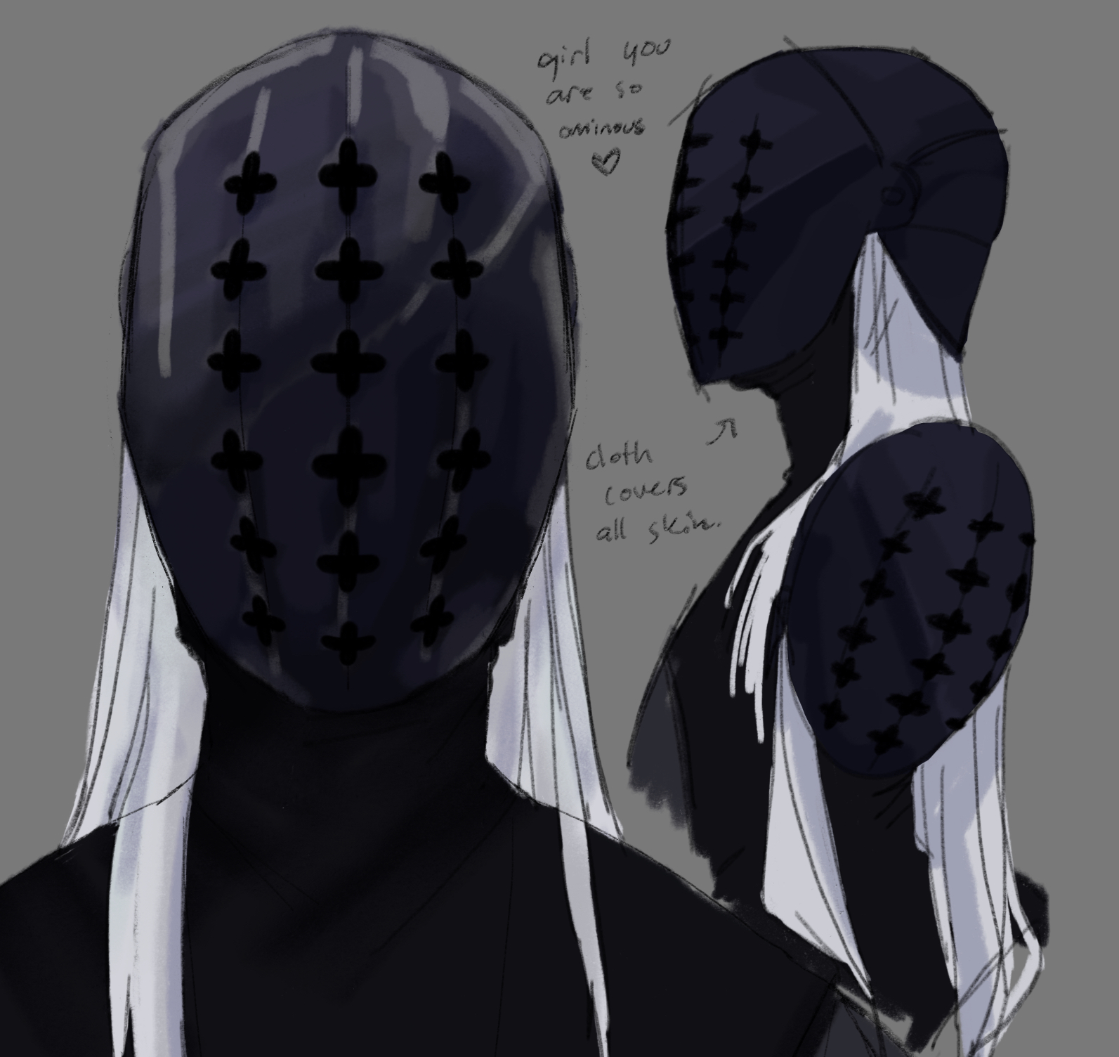 One large headshot of Inimatia, in her helmet of course. There are two smaller headshot drawings behind, her head tilted curiously in one.