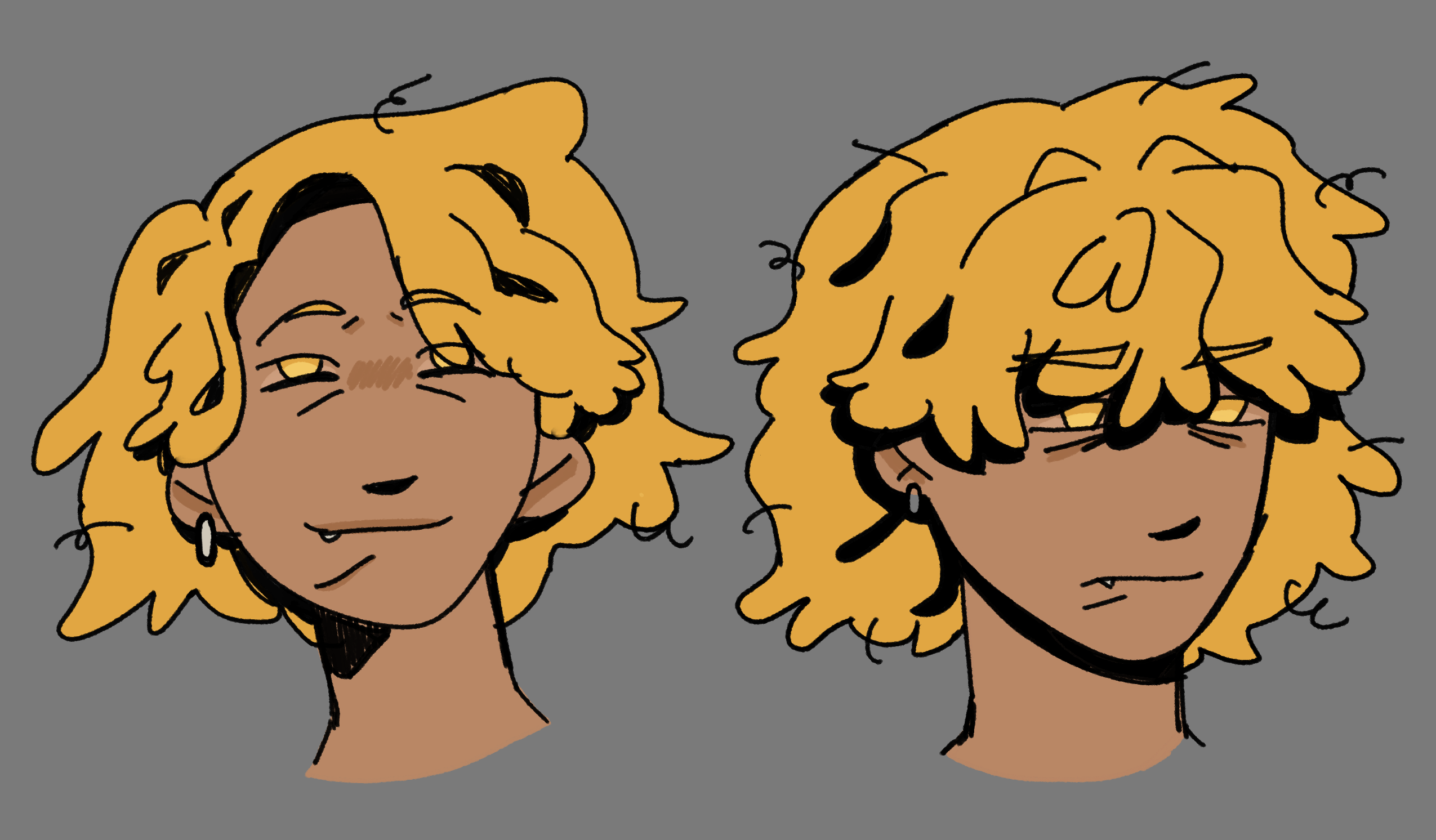 Two drawings of Kismet side by side, she looks happy in one, and the other she's looking away and is upset.