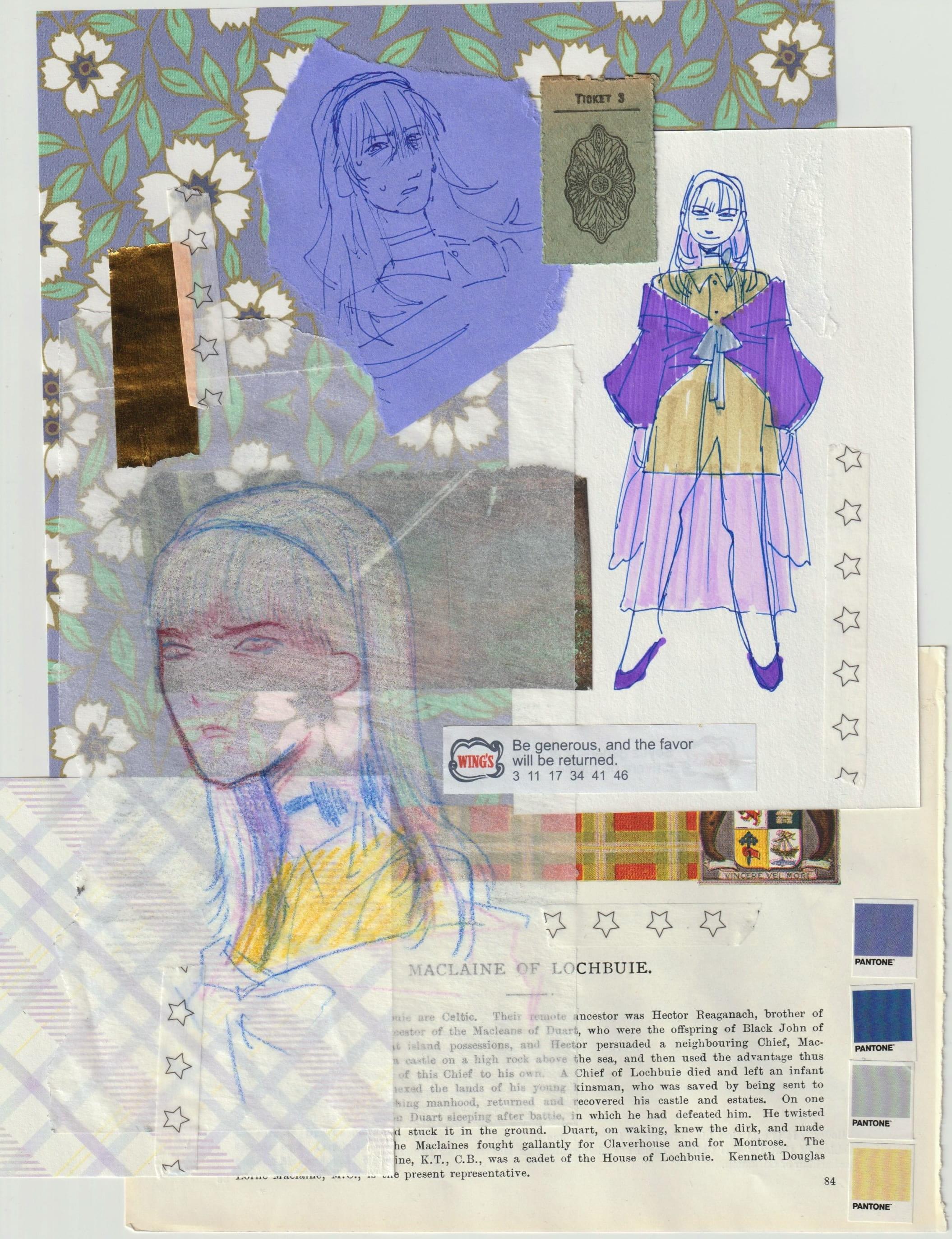 A paper collage of Lucilaire that is mostly purple and blue, with gold accents. Notable elements are a fortune cookie that reads 'Be generous, and the favor will be returned', star washi tape and an old paper clipping that says ticket three on it.