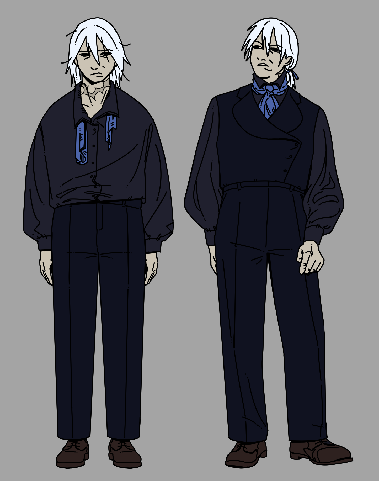 A fullbody of Mona, he's wearing a dark blue vest and pants and a slate grey shirt tied to his neck by a blue hankerchief. He's missing his vest in one fullbody where he looks beaten up and sad.