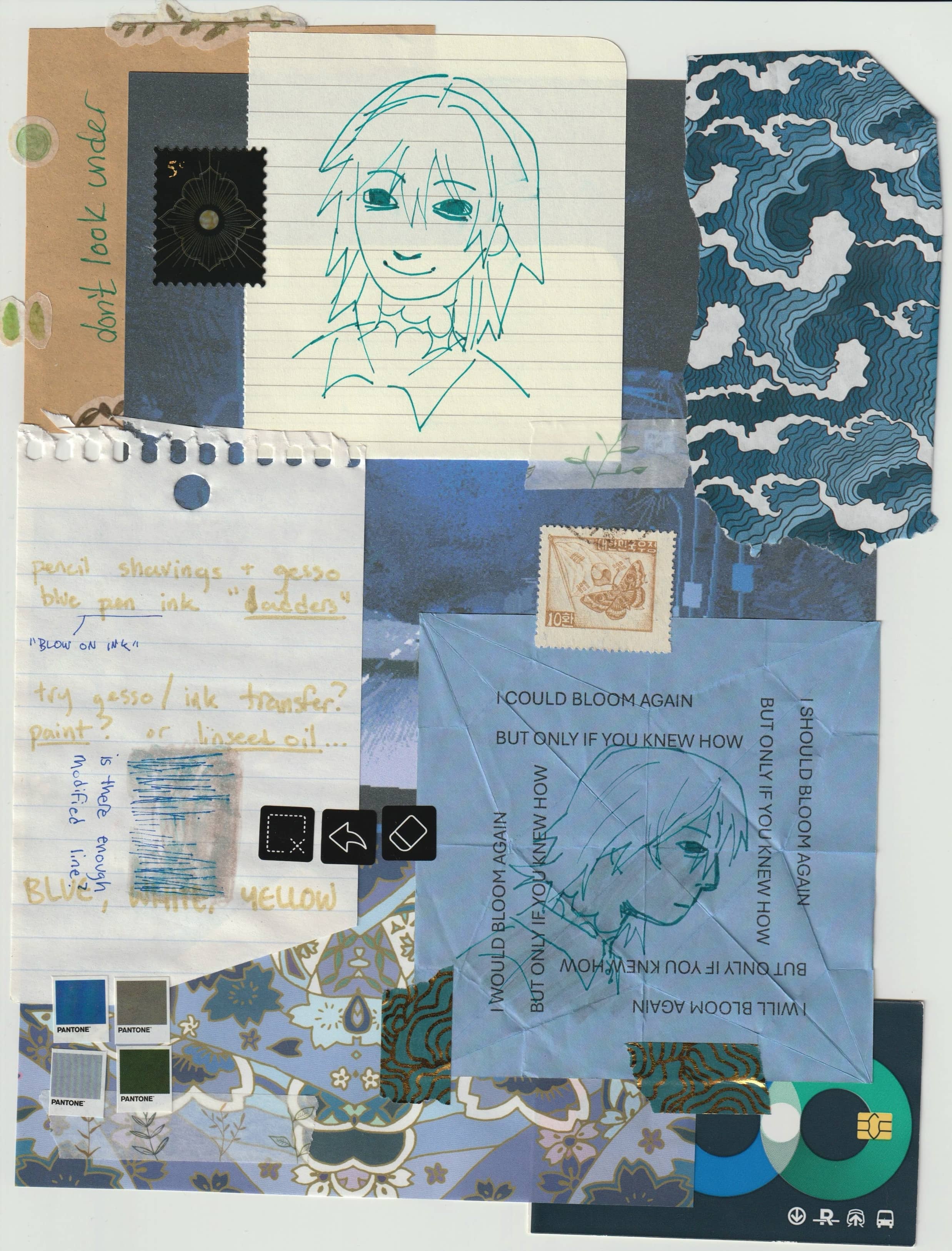 A paper collage of Mona that is mostly blue, with some beige and green in it. Notable elements are a piece of paper with a wave pattern, a handwritten note that says 'don't look under' and a Korean stamp with a butterfly on it.