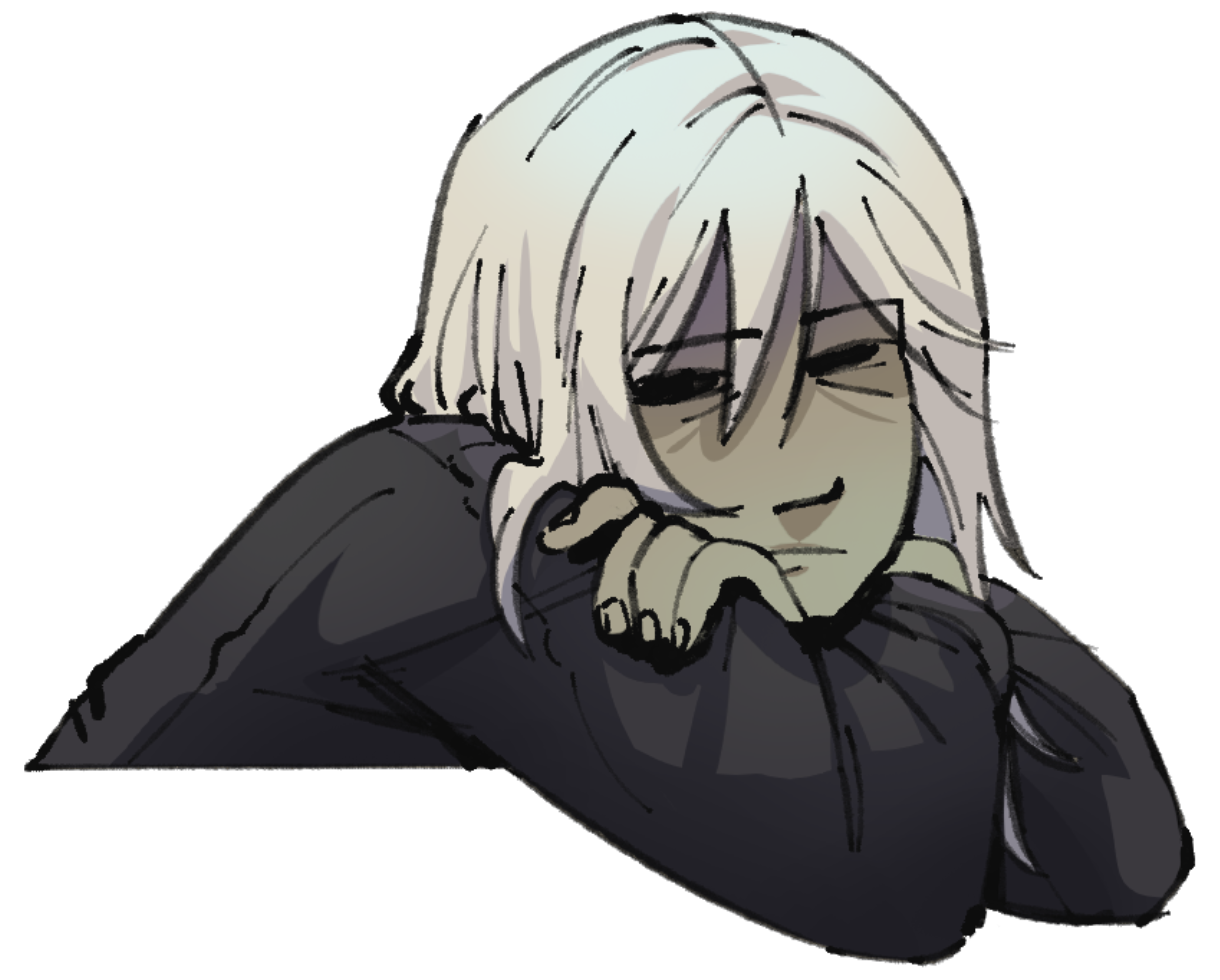 A drawing of Mona leaning, both arms tucked under his chin and hands holding his arms. He looks slightly annoyed.