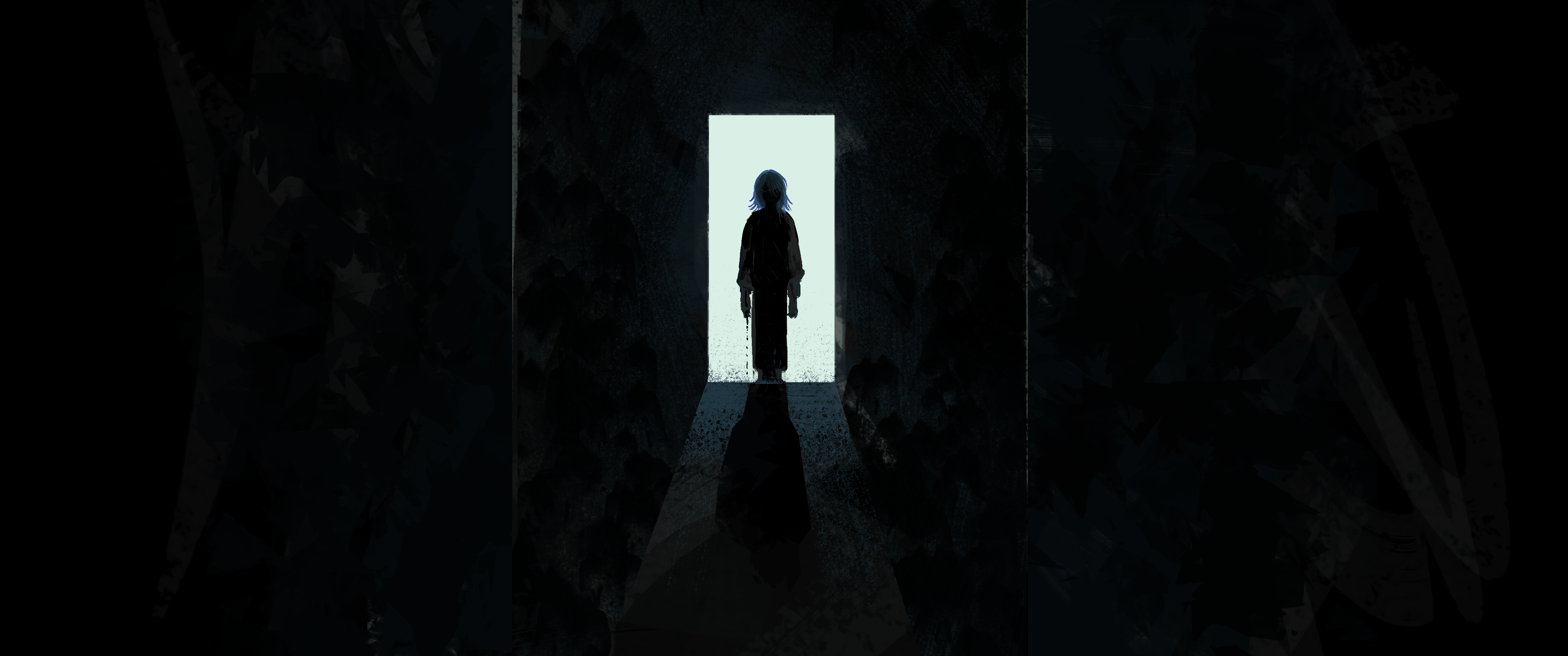 A dark, dark drawing. It's almost pitch black, except for Mona's silhouette which stands in a bright, blindingly white doorway. He's dripping blood from one hand, shadow casting long into the darkness. If someone zoomed in all the way, they would see the strange and unsettling tiny whites of his eyes, staring right at you. 